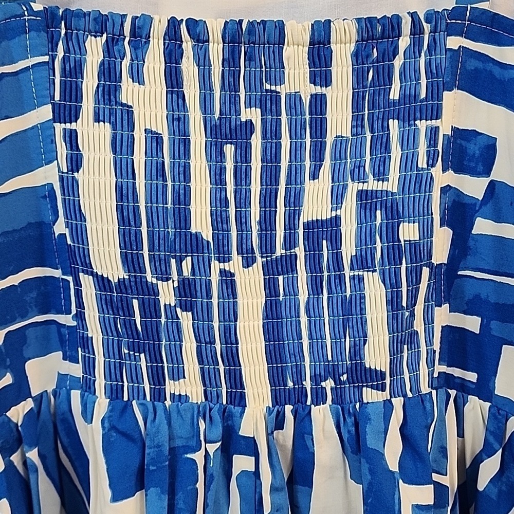 2 for $30 Nine West Midi Dress M Blue Geometric Print Smocked Pockets Vacation - Picture 9 of 11